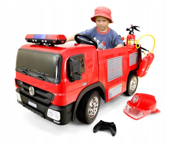 Elektromos tűzoltó autó Fire truck gumi kerekekkel, bőrüléssel, nyitható ajtókkal, 2.4 GHZ távirányítóval, tűzoltó készülék szettel