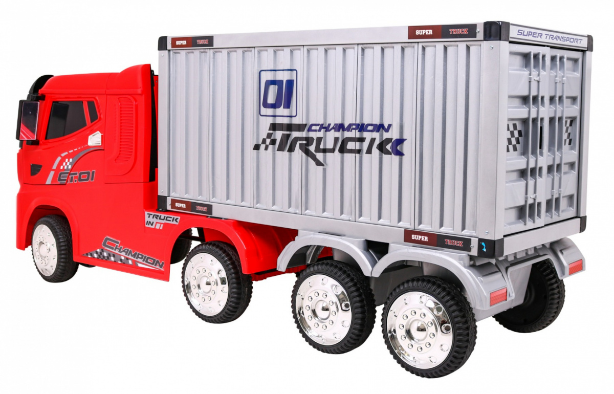 Elektromos kisautó Gio konténerszállító kamion 4x4 gumi kerekekkel, bőrüléssel, nyitható ajtóval, 2.4 GHZ távirányítóval, 2021-es modell - kép 2