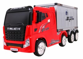 Elektromos kisautó Gio konténerszállító kamion 4x4 gumi kerekekkel, bőrüléssel, nyitható ajtóval, 2.4 GHZ távirányítóval, 2021-es modell