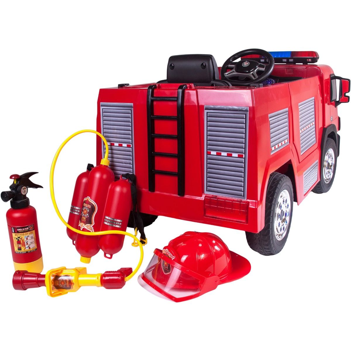 Elektromos tűzoltó autó Fire truck gumi kerekekkel, bőrüléssel, nyitható ajtókkal, 2.4 GHZ távirányítóval, tűzoltó készülék szettel - kép 7
