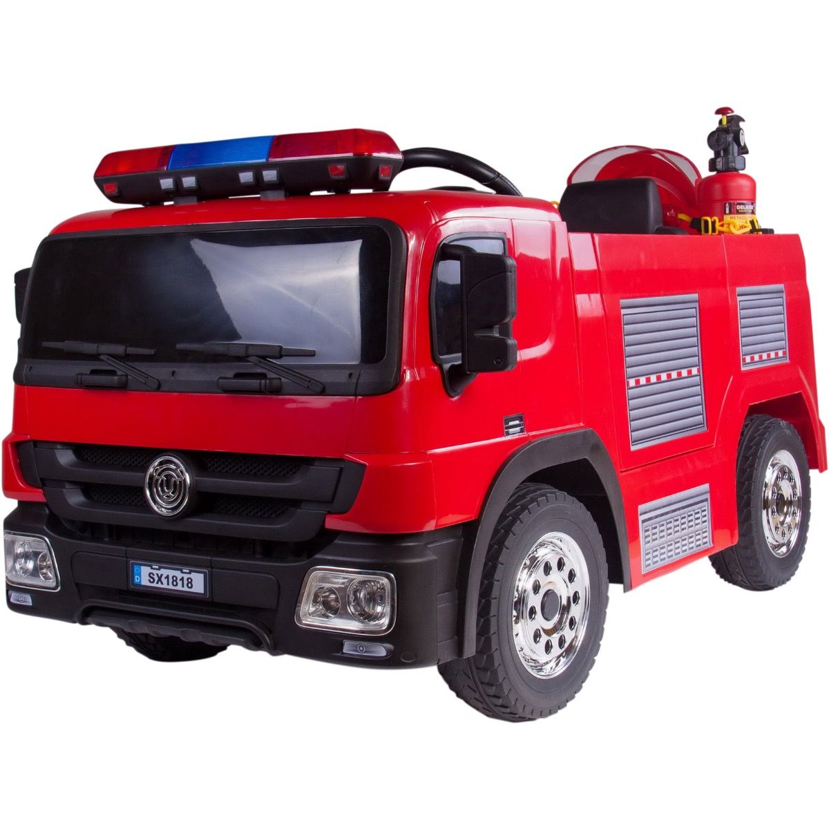 Elektromos tűzoltó autó Fire truck gumi kerekekkel, bőrüléssel, nyitható ajtókkal, 2.4 GHZ távirányítóval, tűzoltó készülék szettel - kép 1